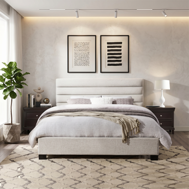 Beige Lined Headboard Bed