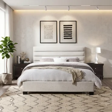 Beige Lined Headboard Bed